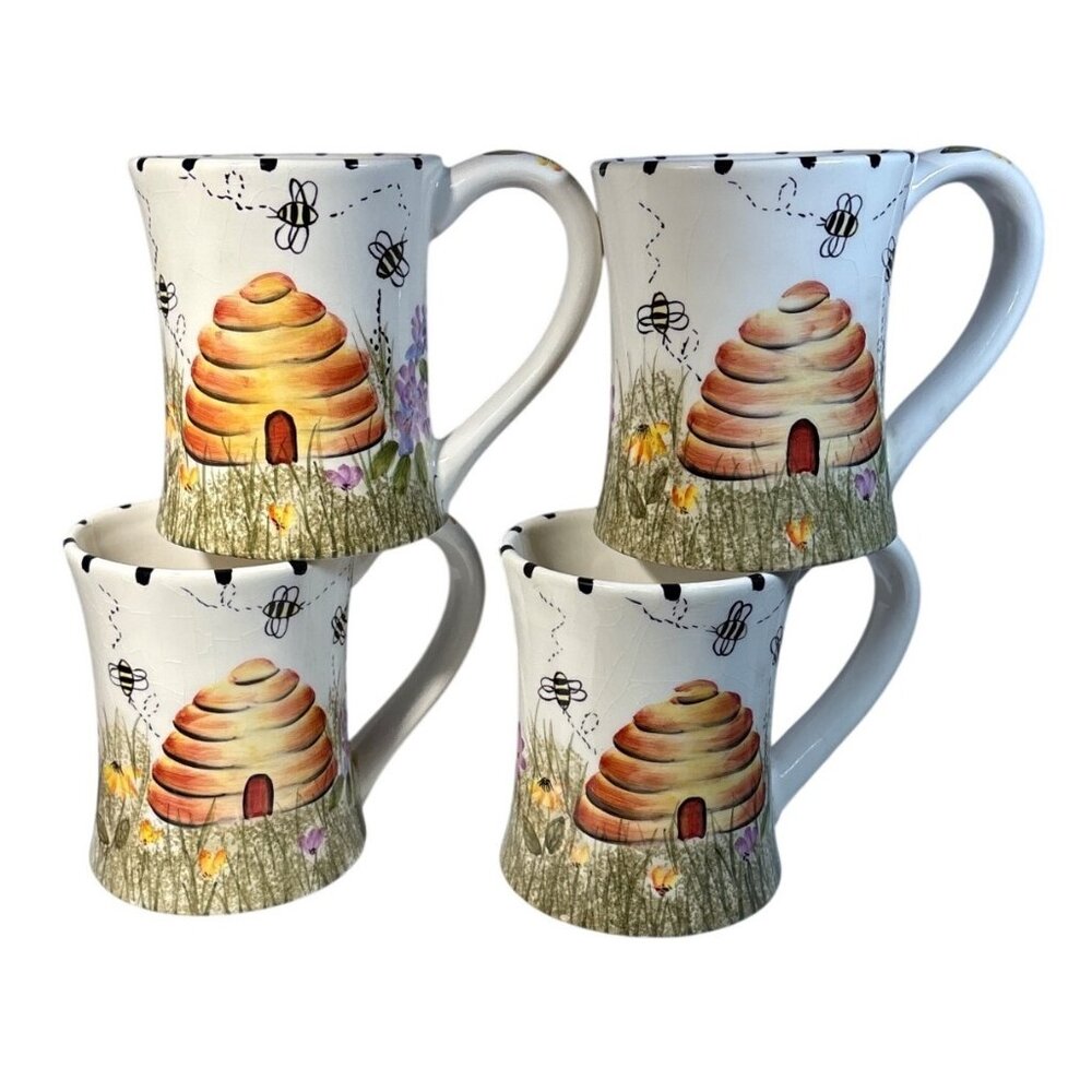Cheri Lane Mugs Honey Bee Ceramic Beehive & Floral Design 2002 Lot of 4